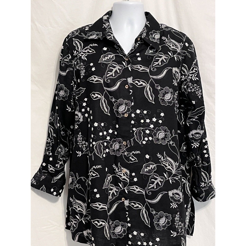 Harve Benard linen blend 1X Black/Wht Tunic Blouse Shirt Top